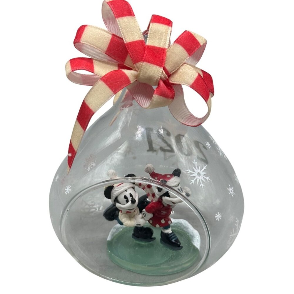 Disney Mickey & Minnie Mouse 2021 Glass Christmas Ornament With Red Bow READ